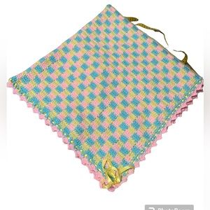 Crochet Blanket Handmade Baby Pink Yellow Blue. Yellow Ribbon.